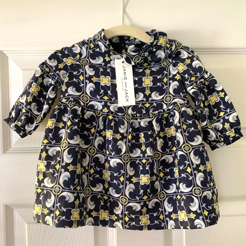 NWT Janie and Jack Baby Girl Preppy Navy Print Dress, Size 3-6 Months